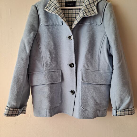 Lands' End Wool Blend Jacket Plaid Lined Hooded Coat Light Blue Women's Size 12 - Picture 7 of 10